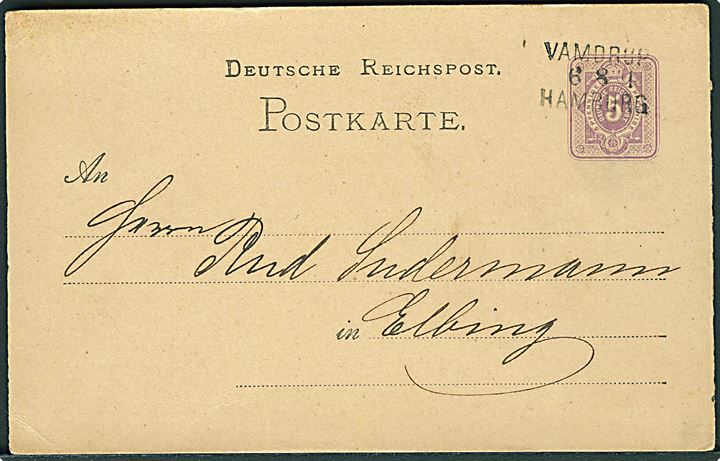 5 pfg. helsagsbrevkort fra Schleswig annulleret med bureaustempel Vamdrup - Hamburg d. 6.8.1878 til Elbing. 