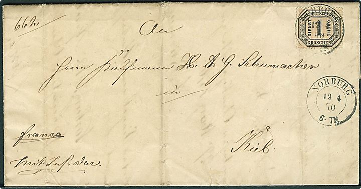 Norddeutscher Postbezirk 1 gr. Tjenestemærke single på brev annulleret med 2-ringsstempel Norburg d. 12.4.1870 til Kiel. Fuldt indhold. 