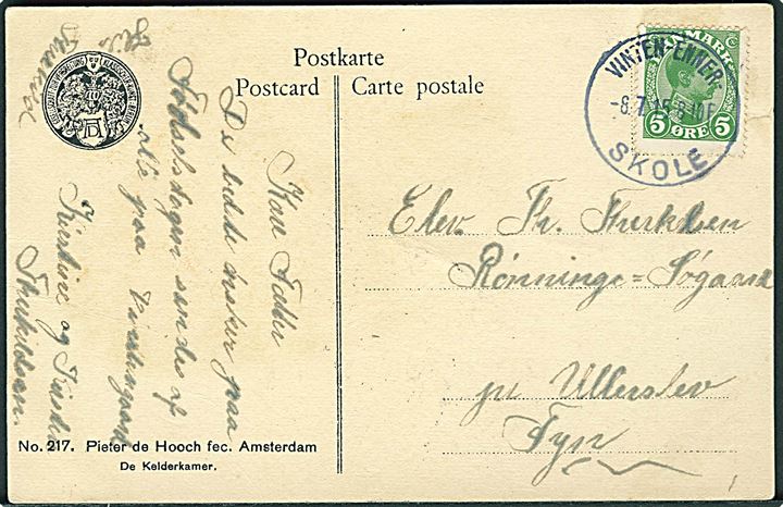 5 øre Chr. X på brevkort annulleret med smukt brotype IIIb Vinten - Enner - Skole d. 8.7.1915 til Rønninge Søgaard pr. Ullerslev, Fyn. Godt stempel.