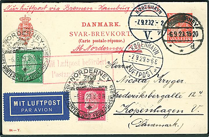 15 øre Karavel svardel af dobbeltbrevkort (fabr. 84-Y) opfrankeret med 5 pfg. og 15 pfg. Hindenburg sendt som luftpost fra Norderney d. 6.9.1929 til København. Rødt luftpost sempel: Mit Luftpost befördert Postamt Bremen.