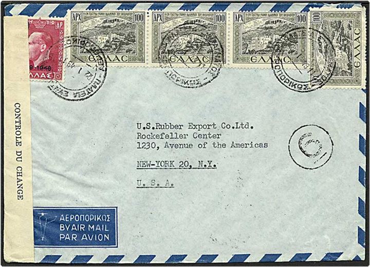 Græsk luftpost brev fra Athen d. 22.1.1949 til New York, USA. Græsk valutakontrol.