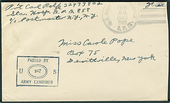 Ufrankeret amerikansk feltpostbrev stemplet U .S. Army Postal Service APO 858 d. 25.6.1944 til Dewittville, USA. Station Hospital, APO 858 = Narssarssuaq Air Base med tydelig unit censur no. 942.