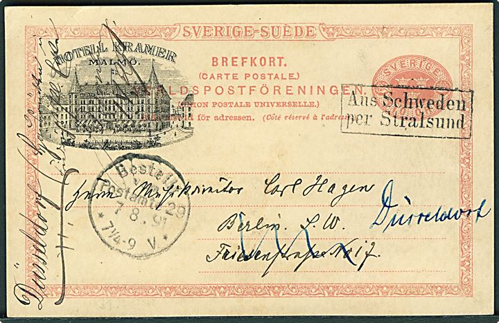 10 öre helsagsbrevkort med tiltryk Hotel Kramer dateret Malmö d. 5.8.1891 og annulleret med tysk skibsstempel Aus Schweden per Stralsund til Berlin, Tyskland - eftersendt til Düsseldorf.
