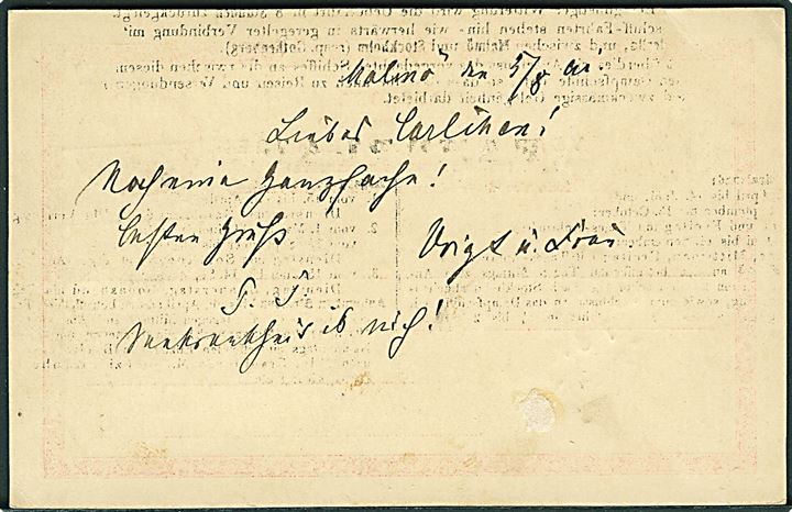 10 öre helsagsbrevkort med tiltryk Hotel Kramer dateret Malmö d. 5.8.1891 og annulleret med tysk skibsstempel Aus Schweden per Stralsund til Berlin, Tyskland - eftersendt til Düsseldorf.