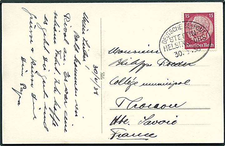 Tysk 15 pfg. Hindenburg på brevkort (S/S “Nordland”) annulleret med ovalt skibsstempel Deutsche Seepost Stettin - Helsingfors d. 30.6.1938 til Frankrig.