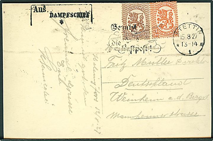 20 pen. og 1 mk. Løve på brevkort dateret Helsingfors annulleret med tysk stempel i Stettin d. 15.8.1927 og sidestemplet Aus Dampschiff * til Weinheim, Tyskland.