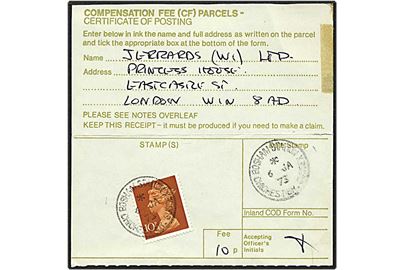 10 pence brunrød Dr. Elisabeth på postkvittering Bosham, England, d. 6.1.1973 til London.