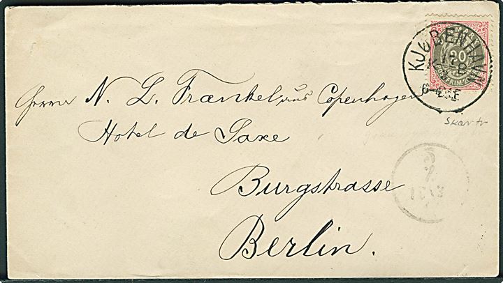 20 øre Tofarvet 6. tryk på brev annulleret med lapidar Kjøbenhavn KB d. 17.3.(ca.1882) til Berlin, Tyskland.