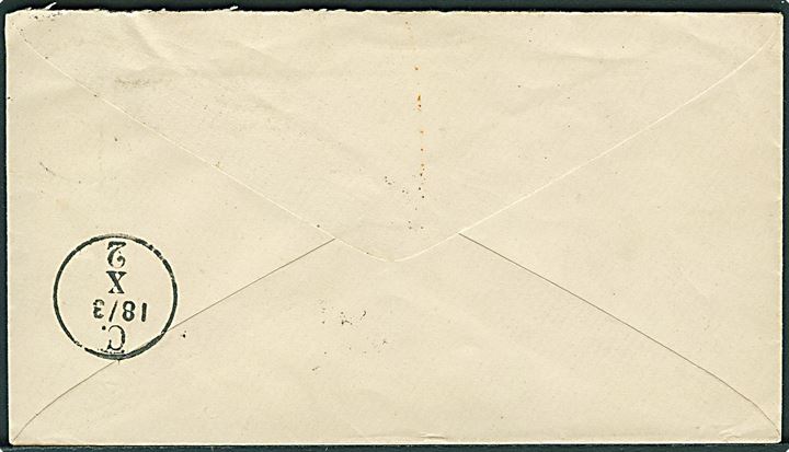 20 øre Tofarvet 6. tryk på brev annulleret med lapidar Kjøbenhavn KB d. 17.3.(ca.1882) til Berlin, Tyskland.