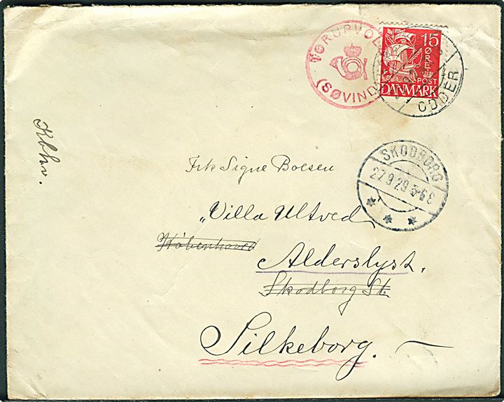15 øre Karavel på brev annulleret med bureaustempel Horsens - Odder T.18 d. 26.9.1929 og sidestemplet med rødt posthornstempel TORUPVOLDE (SØVIND) til Skodborg St. - eftersendt til Silkeborg. Sjældent stempel Skilling: 4000,-