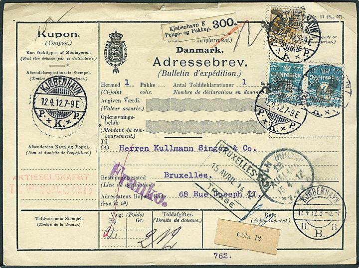 4 øre Bølgelinie (par) og 100 øre Fr. VIII med perfin Th.W & V. på internationalt adressekort for pakke fra firma Th. Wessel & Vett i Kjøbenhavn d. 12.4.1912 via Cöln til Bruxelles, Belgien.