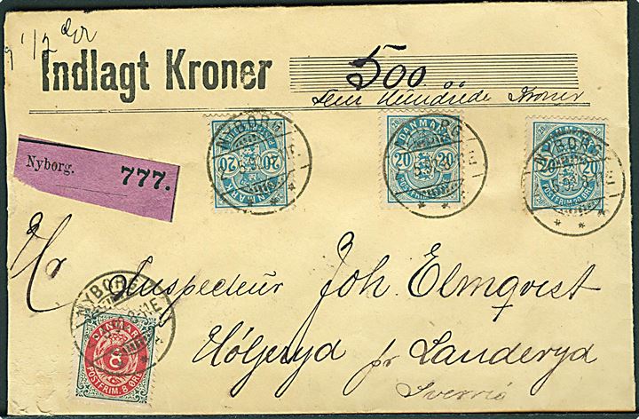 8 øre Tofarvet og 20 øre Våben (3) på 68 øre frankeret værdibrev fra Nyborg d. 2.5.1892 til Landeryd, Sverige. Afkortet i venstre side.