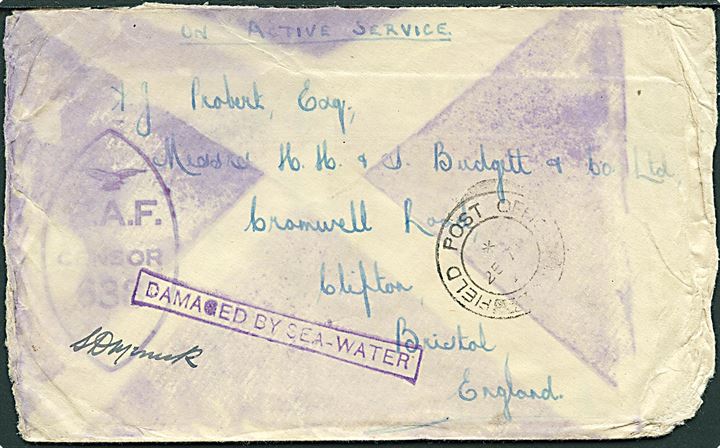 Ufrankeret OAS brev med svagt stempel Field Post Office 306 (= Reykjavik) d. 25.4.(1941-42) til Bristol, England. RAF censor no. 638. Brevet beskadiget med stempel “Damaged by  Sea-water”.
