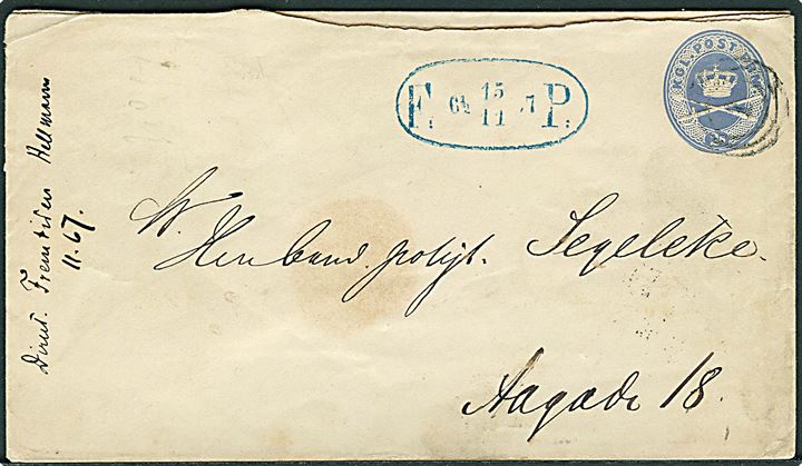 2 sk. helsagskuvert sendt lokalt i Kjøbenhavn, annulleret med nr.stempel “1” og sidestemplet med fodpoststempel F:P: d. 15.11.1867. Rift i toppen.