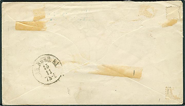 2 sk. helsagskuvert sendt lokalt i Kjøbenhavn, annulleret med nr.stempel “1” og sidestemplet med fodpoststempel F:P: d. 15.11.1867. Rift i toppen.