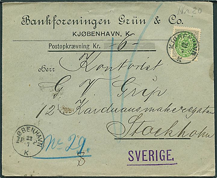 25 øre Tofarvet single på brev med Postopkrævning fra Kjøbenhavn PP K d. 22.7.1891 til Stockholm, Sverige. Rundt NØ hjørne.