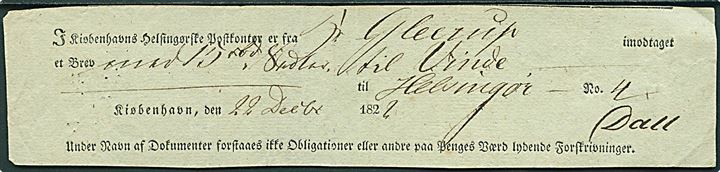 Fortrykt kvittering fra Kiøbenhavns-Helsingørske Postkontor for værdibrev d. 22.12.1822 til Helsingør.