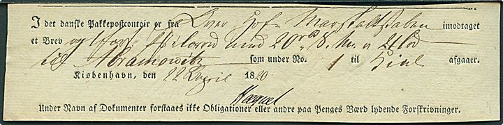 Fortrykt kvittering fra Det danske Pakkepostcontoir i Kiøbenhavn for værdibrev til Kiel d. 22.4.1820.