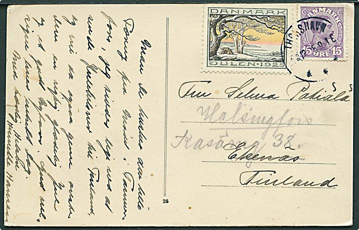 15 øre Chr. X og Julemærke 1925 på brevkort annulleret med brotype IIIb Thorshavn d. x.12.1926 til Ekenäs, Finland - eftersendt til Helsingfors. God anvendele fra Færøerne til Finland.
