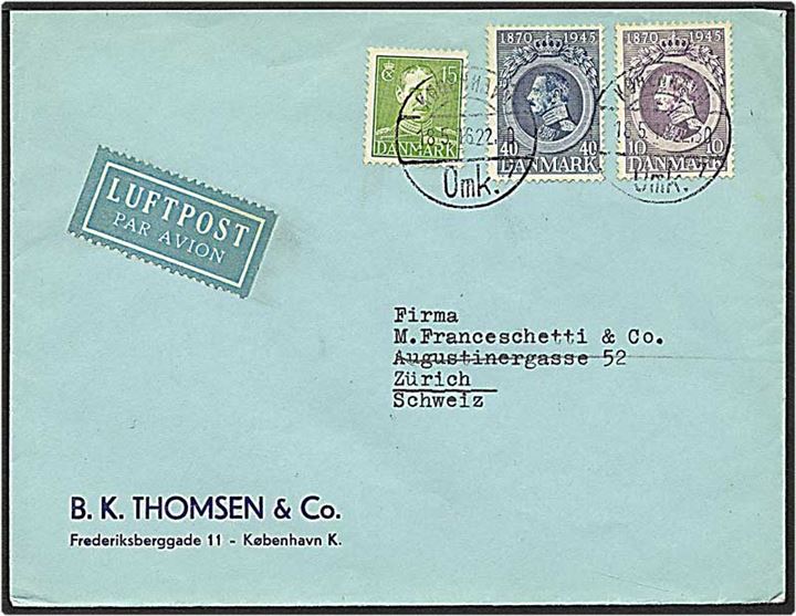 15 øre grøn, 10 øre violet samt 40 øre blå Chr. X på postkort fra København d. 18.5.1946 til Zürich, Schweiz.
