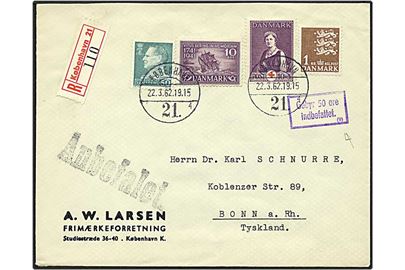 1,70 kr. porto på Rec. brev fra København d. 22.3.1962 til Bonn, Tyskland. Gebyr 50 øre indbefattet.