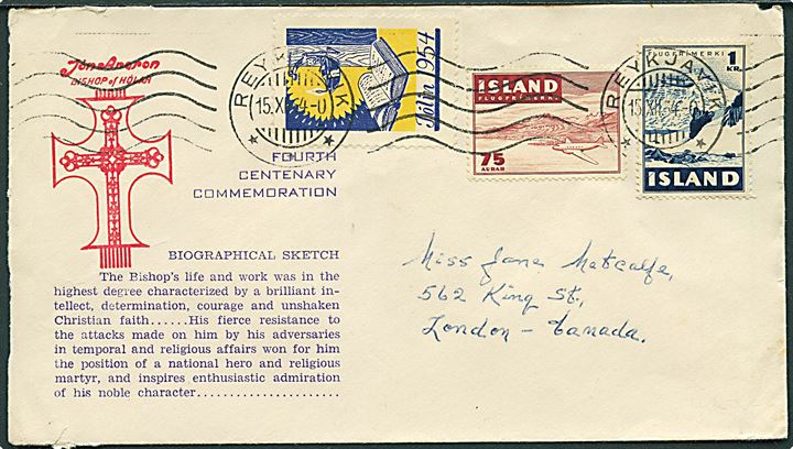 75 aur, 1 kr. Luftpost og Akureyri Julemærke 1954 på brev fra Reykjavik d. 15.12.1954 til London, Canada.