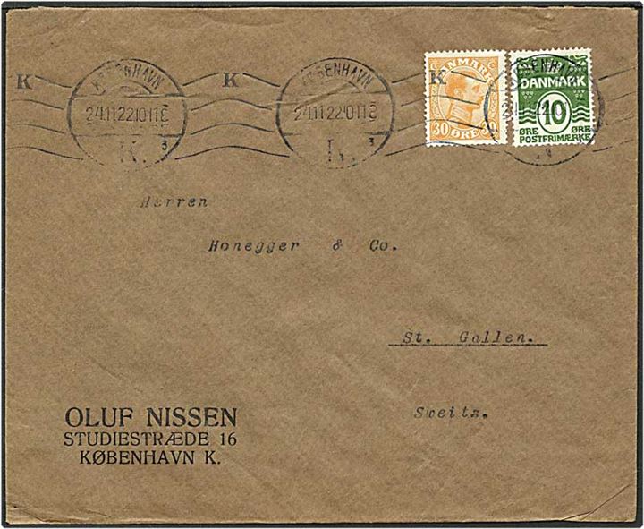 10 øre grøn bølgelinie og 30 øre orange Chr. X på brev fra København d. 24.11.1922 til St. Gallen, Schweiz.