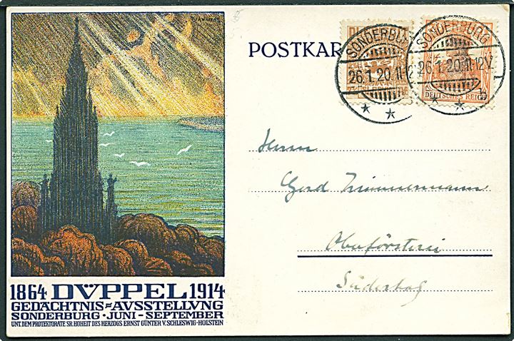 7½ pfg. Fælles udg. og 7½ pfg. Germania på blandings-frankeret illustreret Dübbel 1864-1914 brevkort fra Sonderburg d. 26.1.1920 til Süderhof. Uden meddelelse. Blandingsfrankatur gyldig i perioden 25.-26.1.1920. 