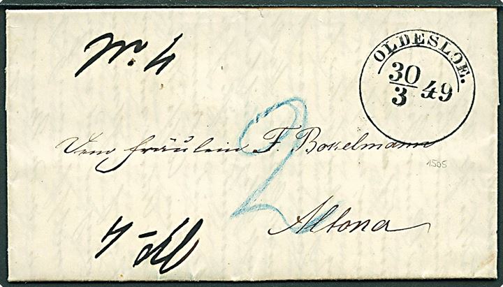 1849. Portobrev dateret Tralau d. 28.3.1849 med smukt 1½-ringsstempel Oldesloe. d. 30.3.1849 til Altona. Flere påtegninger. Fuldt indhold. 
