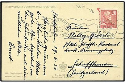 20 øre rød Gustav på postkort fra Stockholm, Sverige, d. 19.6.1950 til Schweiz.