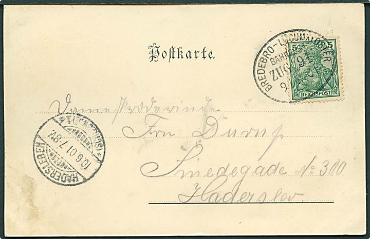 5 pfg. Germania på brevkort fra Lügumkloster annulleret med bureaustempel Bredebro - Lügumkloster Zug 91 d. 9.6.1901 til Haderslev. Godt stempel.