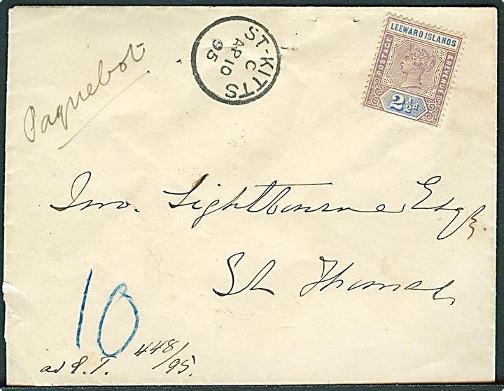 Leeward Island 2½d Victoria på skibsbrev sidestemplet St. Kitts d. 10.4.1895 og håndskrevet Paquebot til St. Thomas, Dansk Vistindien. Udtakseret i 10 cents porto. Ank.stemplet St. Thomas d. 11.4.1895. Nålehuller.