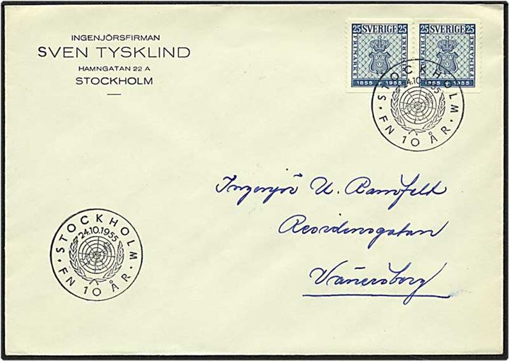 25 øre blå på brev fra Stockholm, Sverige, d. 24.10.1955.
