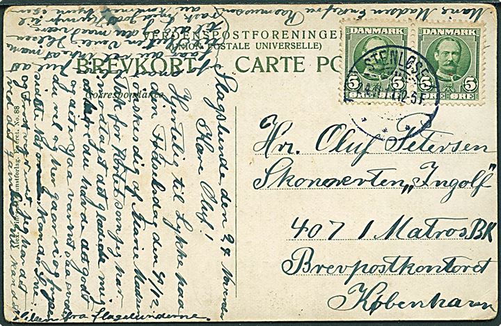 5 øre Fr. VIII i par på brevkort fra Stenløse d. 24.11.1911 til matros ombord på skonnerten “Ingolf”, Brevpost-kontoret, København. Stationsskib ved de vestindiske øer (10.10.1911-17.3.1912). Fremsendt som marinepost.