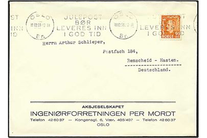 90 øre orange Olav på brev fra Oslo, Norge, d. 18.12.1959 til Remscheid, Tyskland.