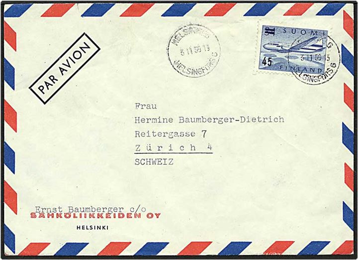 45/34 mark blå på luftpost brev fra Helsinki, Finland, d. 3.11.1959 til Zürich, Schweiz.