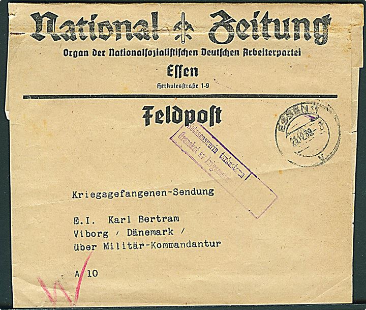NSDAP korsbånd som krigsfangepost fra Essen d. 20.12. 1939 til interneret tysk pilot i Hald via kommandanten i Viborg. Jagerpiloten Carl Theodor Bertram nødlandede med en ME109 (8./JG126) ved Kragelund d. 26.10.1939. Fejlsendt til Finland med finsk censur. Meget sjælden.