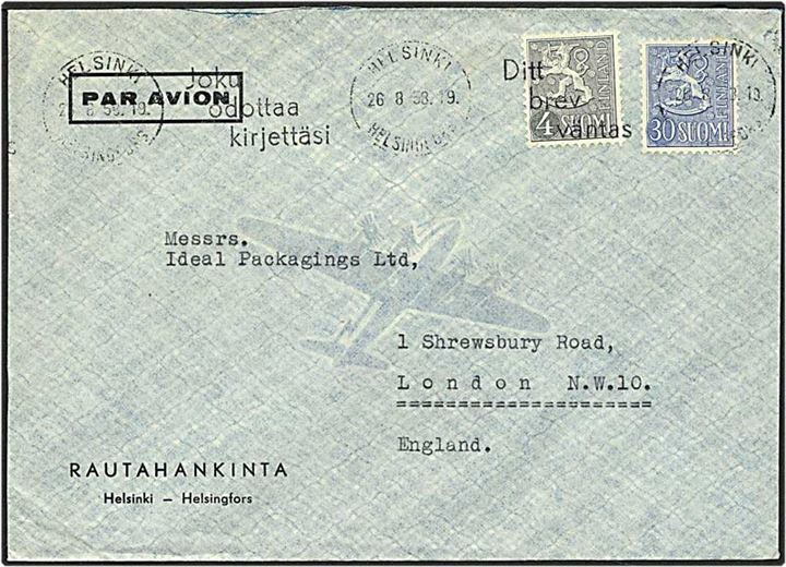 4 mark grå og 30 mark blå løvemærker på luftpost brev fra Helsinki, Finland, d. 26.8.1958 til London, England.
