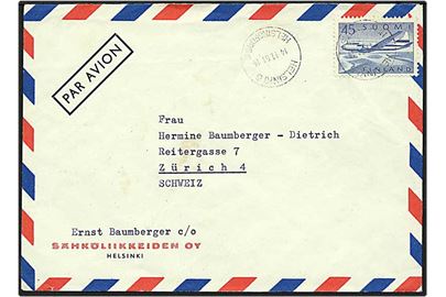 45 mark blå på luftpost brev fra Helsinki, Finland, d. 14.11.1961 til Zürich, Schweiz.