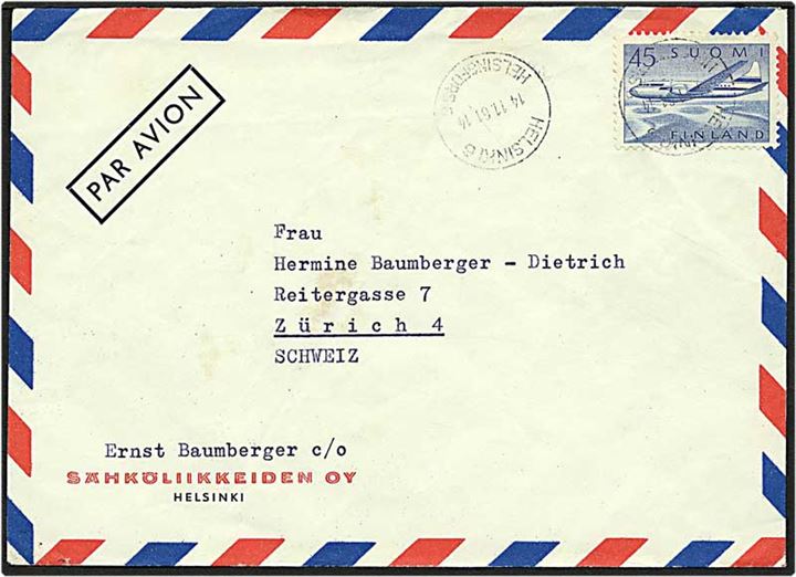 45 mark blå på luftpost brev fra Helsinki, Finland, d. 14.11.1961 til Zürich, Schweiz.