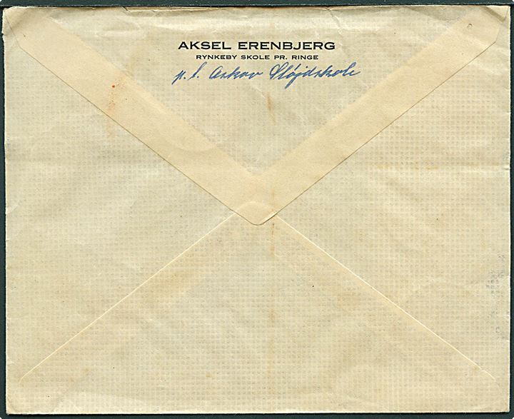 Ufrankeret brev fra Askov højskole stemplet Vejen d. 22.7.1953 til Rynkeby pr. Ringe. Udtakseret i 60 øre porto og påsat 5 øre Gebyrmærke (12) anvendt som portomærker stemplet Ringe d. 23.7.1953.