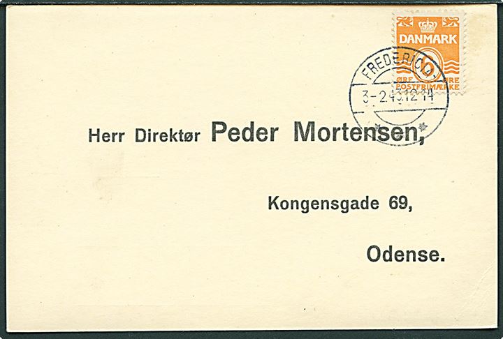 6 øre Bølgelinie på tryksags-svarkort annulleret med om-graveret bureaustempel brotype IIc Fredericia - *** d. 3.2.1943 til Odense. Registreret anvendt fra 30.9.1942 til 17.11.1943 jf. Vagn Jensen. Interessant stempel.