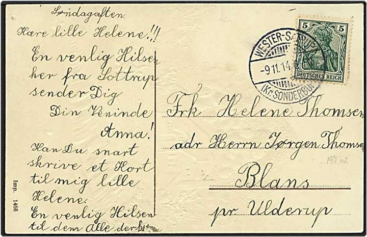 5 pfennig grøn på postkort fra Vester-Sottrup, Wester-Satrup, d. 9.11.1914 til Blans.