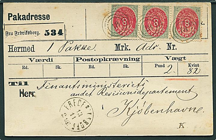 8 øre Tofarvet 10. tryk pos. B97-B99 i 3-stribe på tidligt fortrykt Pakadresse, C. Ferslew & Co., annulleret med nr.stempel “18” og sidestemplet lapidar Frederiksborg d. 13.11. ca. 1877 til Kjøbenhavn. 
