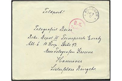 Feltpostbrev fra Roager, Roagger, d. 24.2.1917 til Hannover, Tyskland. UK Tønder censur.