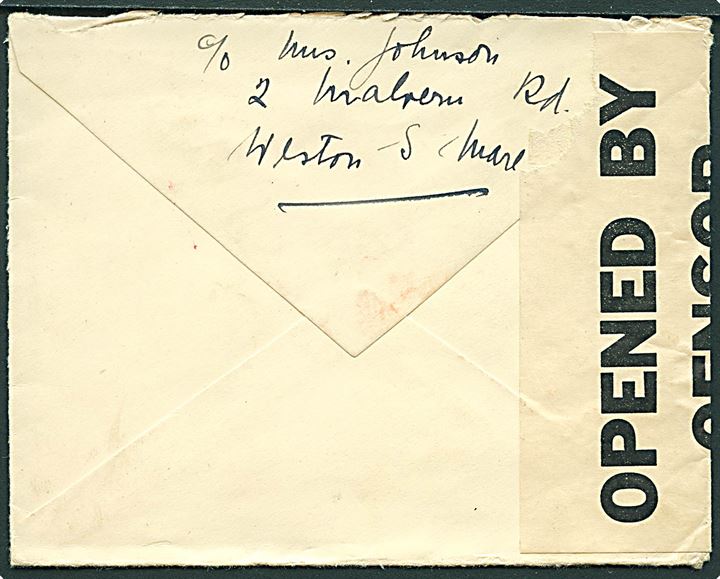 Britisk 1d og 1½d George VI på brev fra Weston-Super-Mare d. 3.2.1940 til Farum, Danmark. Åbnet af britisk censur no. 788 og retur med PC 23 etiket: Returned to sender by the censor ... Uden indlagt meddelelse.