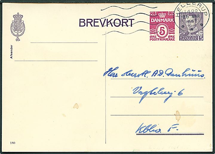 15+5 øre provisorisk helsagsbrevkort (fabr. 180) fra Hellerup d. 25.3.1957 til København. Skilling: “L”.