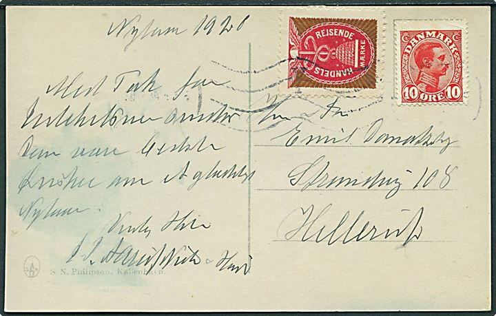 10 øre Chr. X og Handels-Rejsende Mærke på brevkort fra Kjøbenhavn d. 30.12.1919 til Hellerup.
