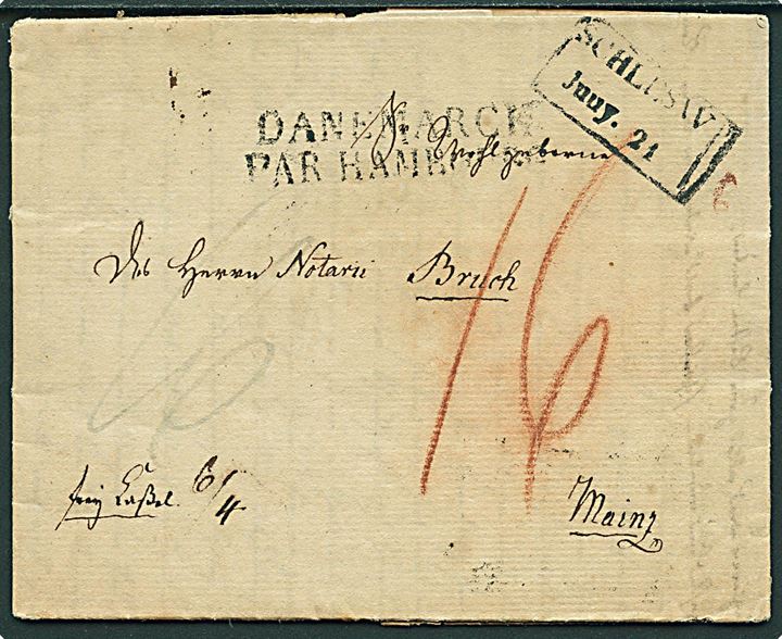 1832. Francobrev dateret Gottorp med rammestempel Schlesw. d. 21.6.1832 via Th. u. Tax. Hamburg d. 22.6.1832 til Mainz. Påskrevet: Freÿ Kassel 6/4, samt 16 med rødkridt. 