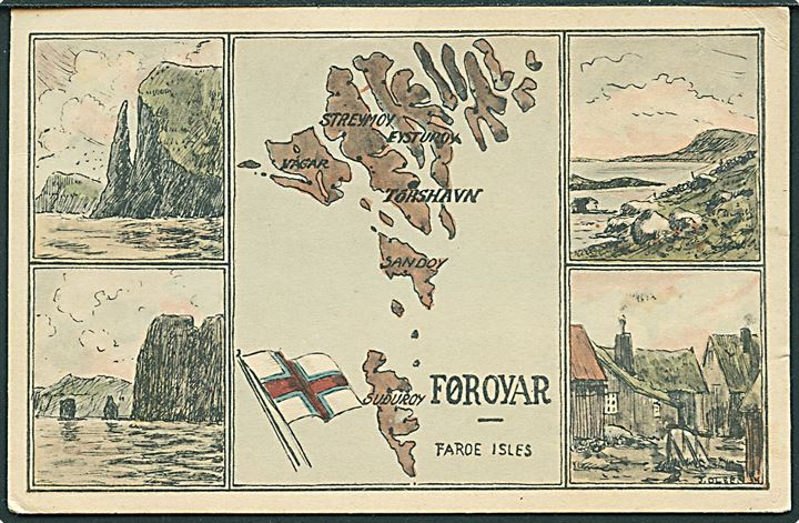 10 øre og 20 øre (falmet) Luftpost på luftpostkort (Kort over Færøerne) fra Thorshavn d. 22.8.1936 til Louvain, Belgien. Tidlig luftpost fra Færøerne.